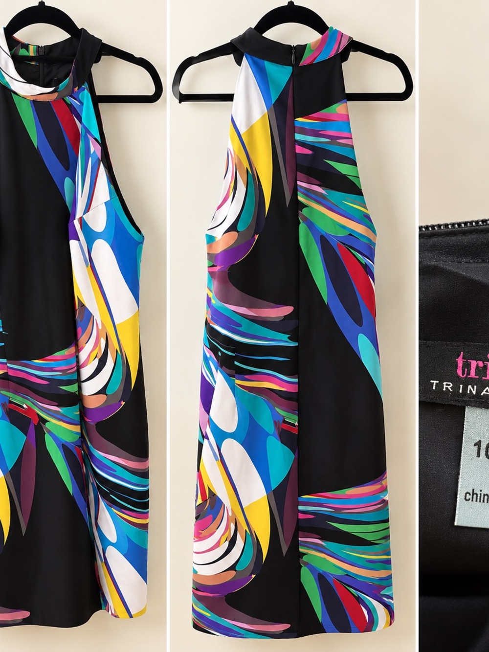 Trina Turk Black Midi Dress with Multicolor Abstract Swirl Print